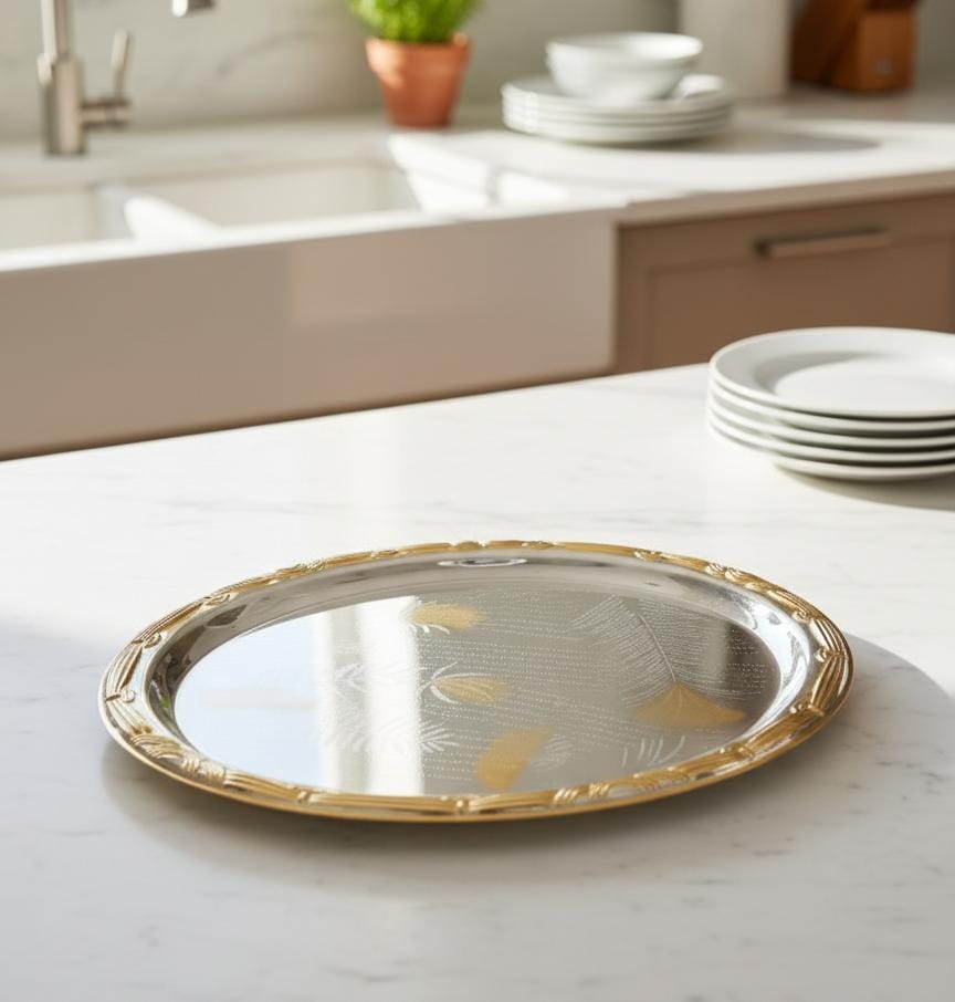 Germax Steel Serving Tray – Dual Tone Silver & Gold Rod Design | 35 cm Luxury Finish - Al Kabayel Discount CentreGermax Steel Serving Tray – Dual Tone Silver & Gold Rod Design | 35 cm Luxury FinishServing TraysGERMAXAl Kabayel Discount Centre