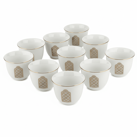 Germax White Ceramic Arabic Cawa Cups Set of 12 Gold Rim Arched Frame Pattern Middle Eastern Coffee Cups 80 ml - Al Kabayel Discount CentreGermax White Ceramic Arabic Cawa Cups Set of 12 Gold Rim Arched Frame Pattern Middle Eastern Coffee Cups 80 mlTea CupsGERMAXAl Kabayel Discount Centre