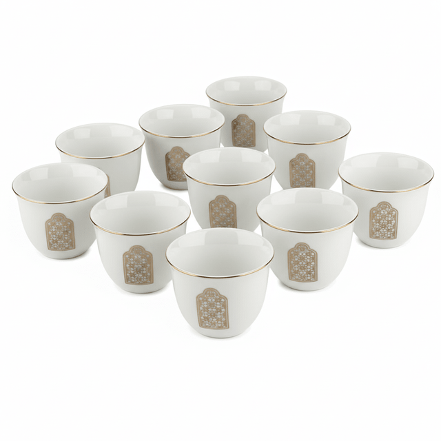 Germax White Ceramic Arabic Cawa Cups Set of 12 Gold Rim Arched Frame Pattern Middle Eastern Coffee Cups 80 ml - Al Kabayel Discount CentreGermax White Ceramic Arabic Cawa Cups Set of 12 Gold Rim Arched Frame Pattern Middle Eastern Coffee Cups 80 mlTea CupsGERMAXAl Kabayel Discount Centre