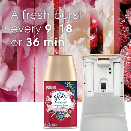 Glade Automatic Spray Holder With Blooming Peony & Cherry Air Freshener , 269ml - Al Kabayel Discount CentreGlade Automatic Spray Holder With Blooming Peony & Cherry Air Freshener , 269mlAir FreshenersSC JOHNSONAl Kabayel Discount Centre