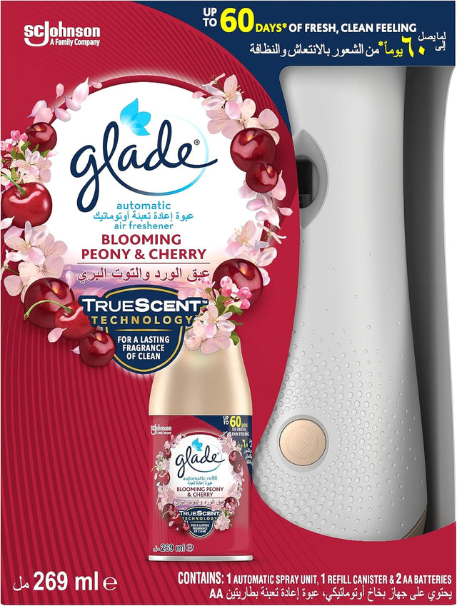 Glade Automatic Spray Holder With Blooming Peony & Cherry Air Freshener , 269ml - Al Kabayel Discount CentreGlade Automatic Spray Holder With Blooming Peony & Cherry Air Freshener , 269mlAir FreshenersSC JOHNSONAl Kabayel Discount Centre