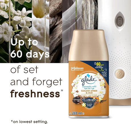 Glade Automatic Spray Holder With Elegant Amber & Oud Air Freshener , 269ml - Al Kabayel Discount CentreGlade Automatic Spray Holder With Elegant Amber & Oud Air Freshener , 269mlAir FreshenersSC JOHNSONAl Kabayel Discount Centre