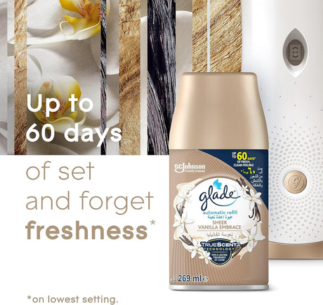 Glade Automatic Spray Holder With Sheer Vanilla Embrace Air Freshener, 269ml - Al Kabayel Discount CentreGlade Automatic Spray Holder With Sheer Vanilla Embrace Air Freshener, 269mlAir FreshenersSC JOHNSONAl Kabayel Discount Centre