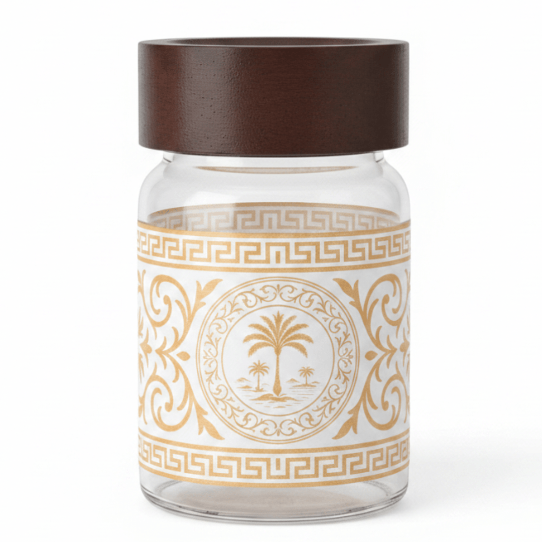 Glass Jar with Gold Palm Tree Design & Wooden Lid – 200ml / 900ml - Al Kabayel Discount CentreGlass Jar with Gold Palm Tree Design & Wooden Lid – 200ml / 900mlJars & Food SaversAKDCAl Kabayel Discount Centre