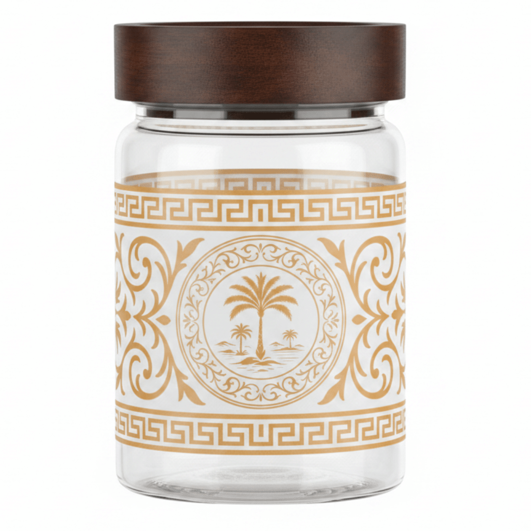 Glass Jar with Gold Palm Tree Design & Wooden Lid – 200ml / 900ml - Al Kabayel Discount CentreGlass Jar with Gold Palm Tree Design & Wooden Lid – 200ml / 900mlJars & Food SaversAKDCAl Kabayel Discount Centre