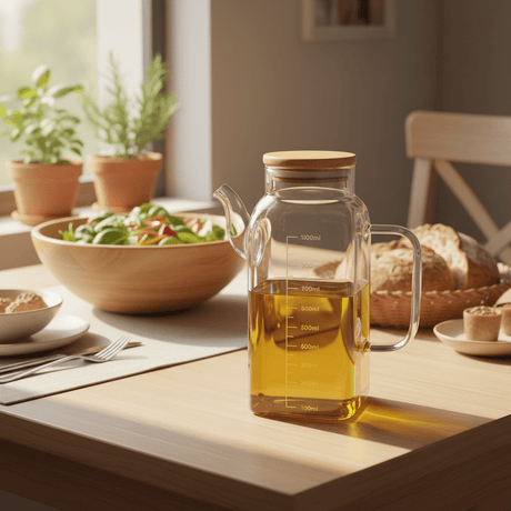 Glass Oil Pot with Bamboo Lid & Measurement Markings – 1 Litre - Al Kabayel Discount CentreGlass Oil Pot with Bamboo Lid & Measurement Markings – 1 LitreOil DispensersAKDCAl Kabayel Discount Centre
