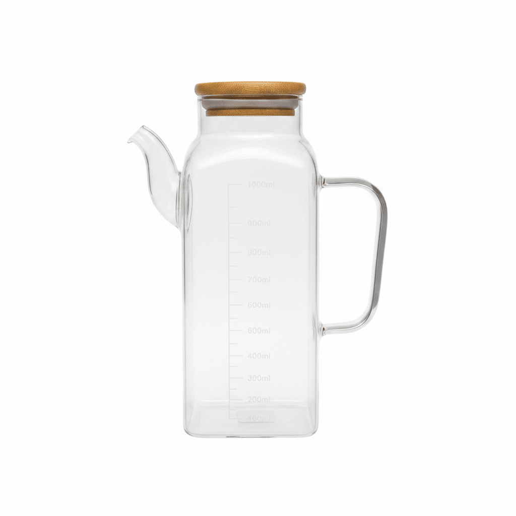 Glass Oil Pot with Bamboo Lid & Measurement Markings – 1 Litre - Al Kabayel Discount CentreGlass Oil Pot with Bamboo Lid & Measurement Markings – 1 LitreOil DispensersAKDCAl Kabayel Discount Centre