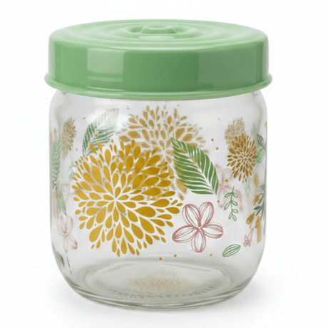 Glass Storage Jar with Mint Green Lid | Floral Print Kitchen Canister | 425ml | - Al Kabayel Discount CentreGlass Storage Jar with Mint Green Lid | Floral Print Kitchen Canister | 425ml |Jars & Food SaversAKDCAl Kabayel Discount Centre