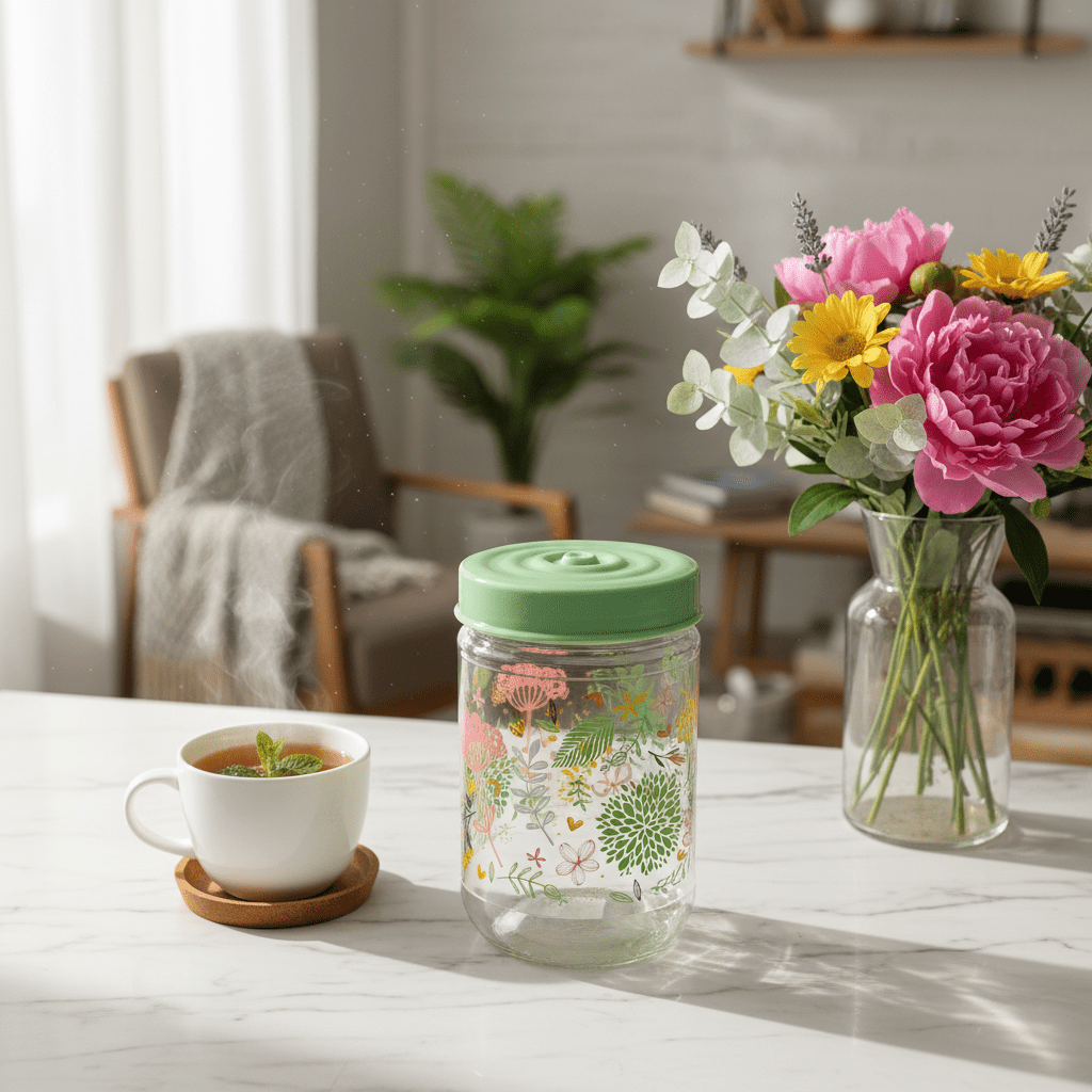 Glass Storage Jar with Mint Green Lid | Floral Print Kitchen Canister | 640ml || - Al Kabayel Discount CentreGlass Storage Jar with Mint Green Lid | Floral Print Kitchen Canister | 640ml ||Jars & Food SaversAKDCAl Kabayel Discount Centre