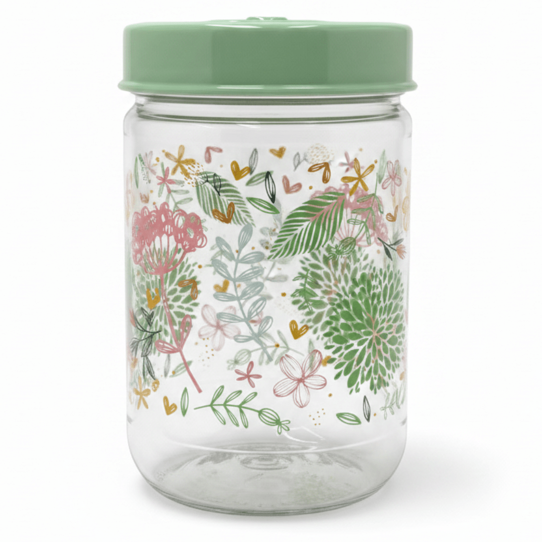 Glass Storage Jar with Mint Green Lid | Floral Print Kitchen Canister | 640ml || - Al Kabayel Discount CentreGlass Storage Jar with Mint Green Lid | Floral Print Kitchen Canister | 640ml ||Jars & Food SaversAKDCAl Kabayel Discount Centre