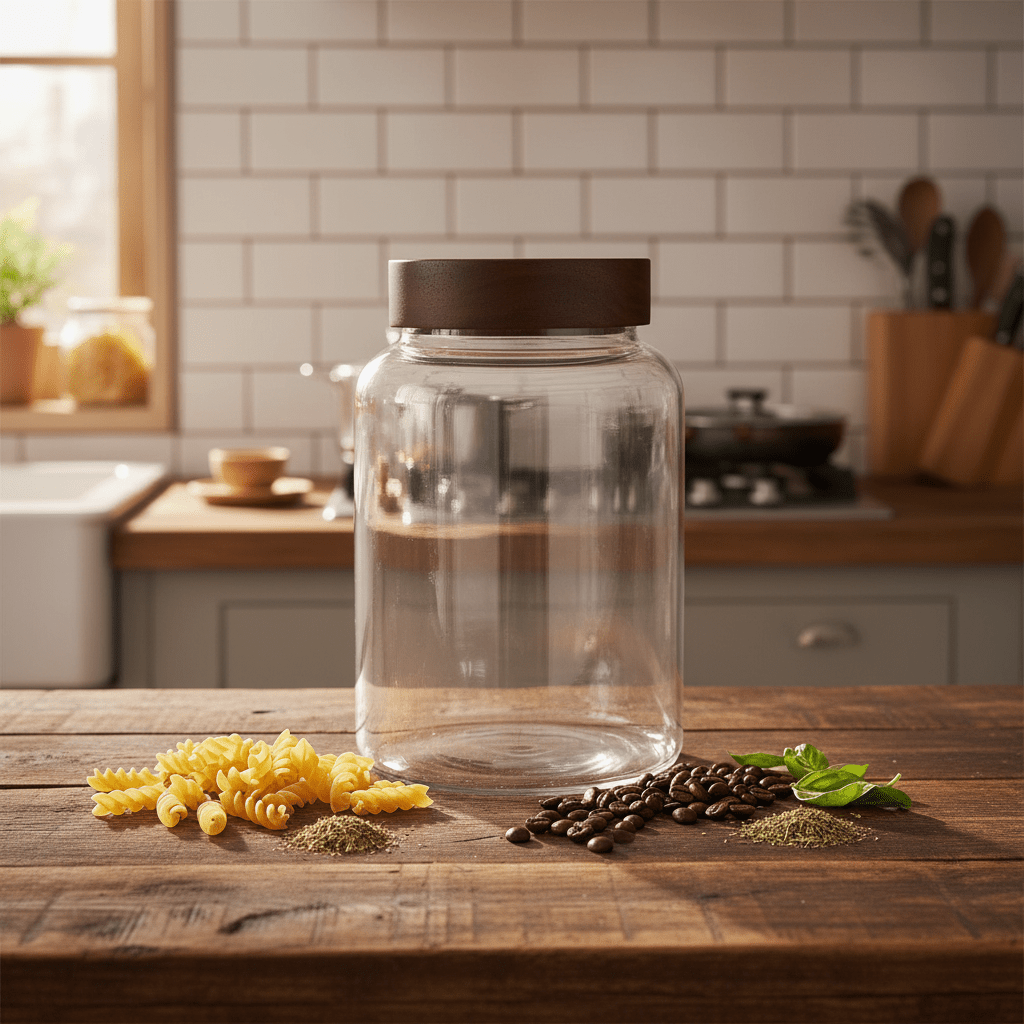 Glass Storage Jar with Wooden Lid - 20×10cm / 25×10cm / 30×10cm - Al Kabayel Discount CentreGlass Storage Jar with Wooden Lid - 20×10cm / 25×10cm / 30×10cmJars & Food SaversAKDCAl Kabayel Discount Centre