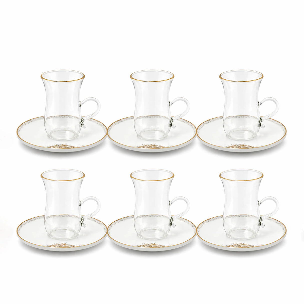 ABL GP-150 Glass Tea Cup & Saucer Set – 12 Pieces – Clear Glass with Gold Rim & Elegant Floral Accent Design