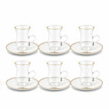 ABL GP-150 Glass Tea Cup & Saucer Set – 12 Pieces – Clear Glass with Gold Rim & Elegant Floral Accent Design