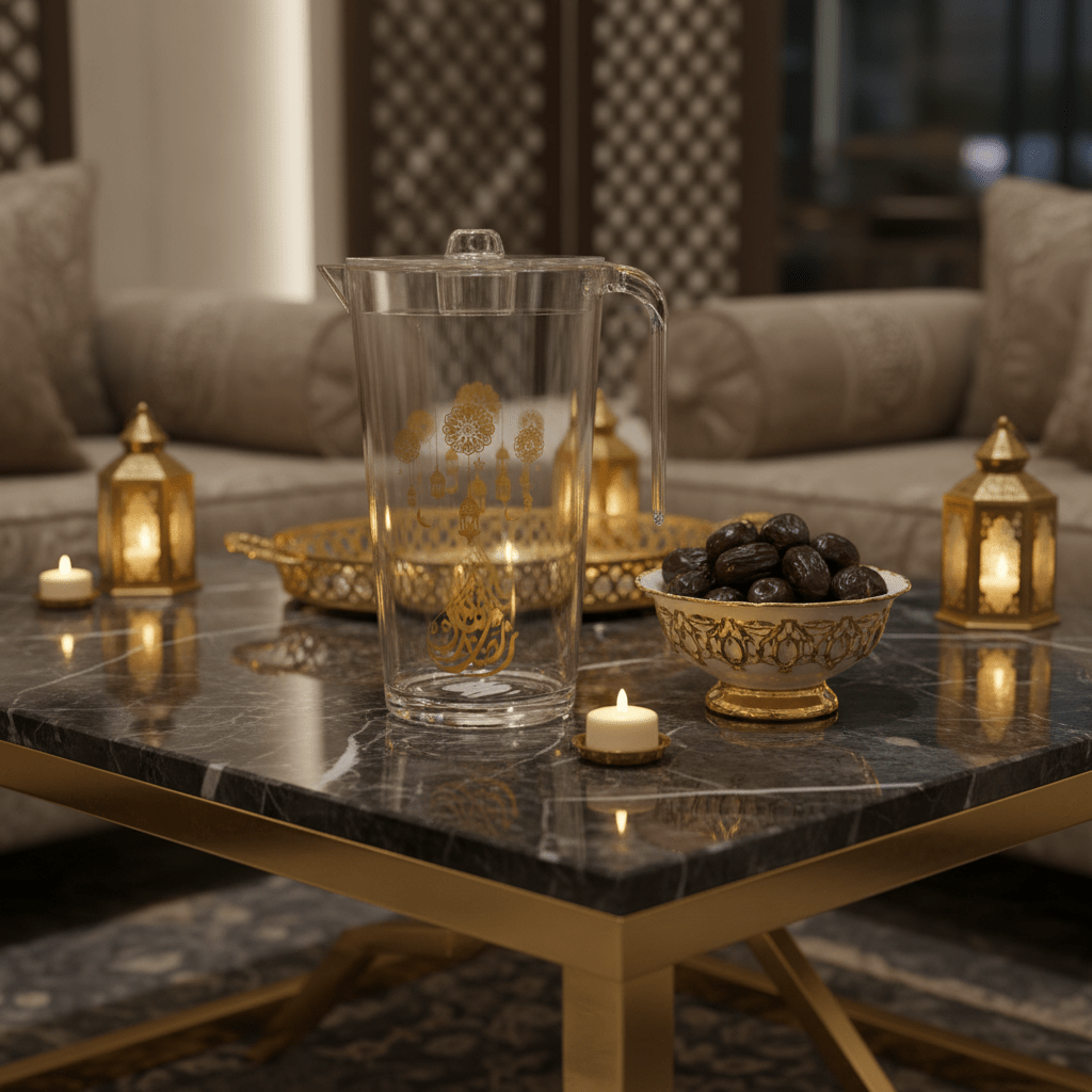 Glow Premium Clear Acrylic Jug with Elegant Gold Arabic Calligraphy & Hanging Lantern Artwork – 2 Litre - Al Kabayel Discount CentreGlow Premium Clear Acrylic Jug with Elegant Gold Arabic Calligraphy & Hanging Lantern Artwork – 2 LitreJugsAKDCAl Kabayel Discount Centre