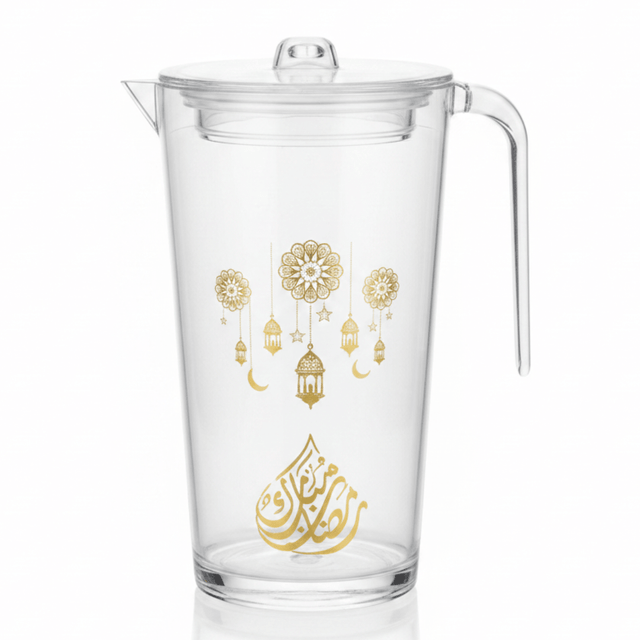 Glow Premium Clear Acrylic Jug with Elegant Gold Arabic Calligraphy & Hanging Lantern Artwork – 2 Litre - Al Kabayel Discount CentreGlow Premium Clear Acrylic Jug with Elegant Gold Arabic Calligraphy & Hanging Lantern Artwork – 2 LitreJugsAKDCAl Kabayel Discount Centre