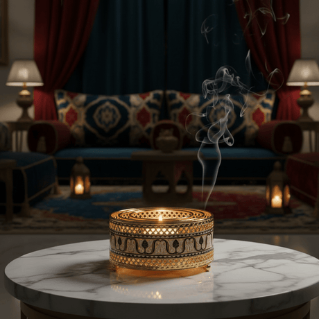 Gold & Blue Round Metal Candle Warmer | Arabesque Filigree Design | 14×6 cm | Luxury Home Fragrance Décor - Al Kabayel Discount CentreGold & Blue Round Metal Candle Warmer | Arabesque Filigree Design | 14×6 cm | Luxury Home Fragrance DécorOrganizers & AccessoriesAKDCAl Kabayel Discount Centre