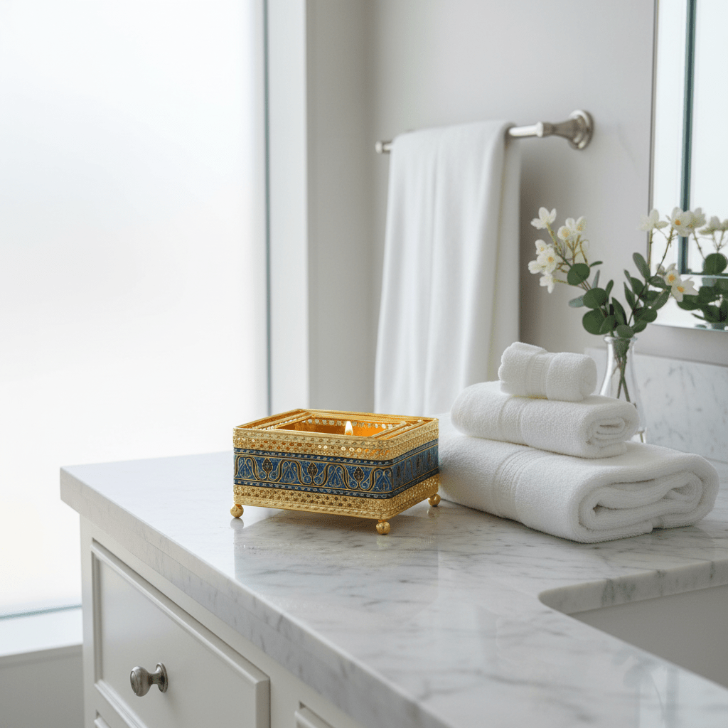 Gold & Blue Square Metal Candle Warmer | Ornate Filigree Design | 14×6cm | Luxury Home Décor Gift - Al Kabayel Discount CentreGold & Blue Square Metal Candle Warmer | Ornate Filigree Design | 14×6cm | Luxury Home Décor GiftOrganizers & AccessoriesAKDCAl Kabayel Discount Centre
