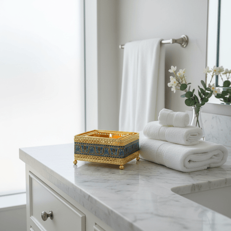 Gold & Blue Square Metal Candle Warmer | Ornate Filigree Design | 14×6cm | Luxury Home Décor Gift - Al Kabayel Discount CentreGold & Blue Square Metal Candle Warmer | Ornate Filigree Design | 14×6cm | Luxury Home Décor GiftOrganizers & AccessoriesAKDCAl Kabayel Discount Centre
