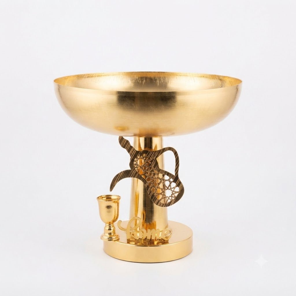Gold Metal Footed Serving Bowl With Arabic Dallah & Oud Design – 28×32 cm - Al Kabayel Discount CentreGold Metal Footed Serving Bowl With Arabic Dallah & Oud Design – 28×32 cmBowlsAKDCAl Kabayel Discount Centre