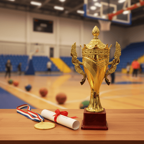 Gold & Red Prestige Trophy – 32cm | Award Cup with Laurel Wings & Plastic Base - Al Kabayel Discount CentreGold & Red Prestige Trophy – 32cm | Award Cup with Laurel Wings & Plastic BaseSportsAKDCAl Kabayel Discount Centre