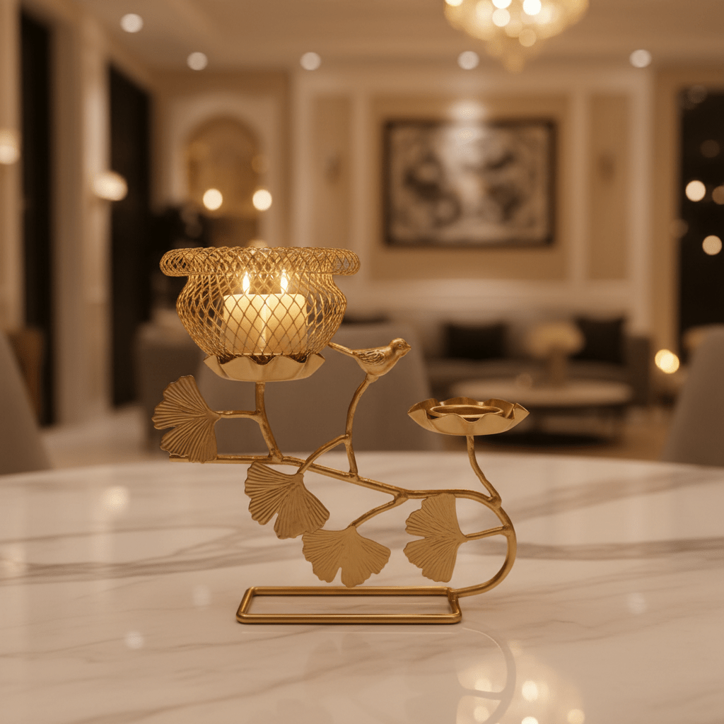 Golden Bird Nest Candle Holder | Dual Tealight Stand | Ginkgo Leaf Design | 22×20cm - Al Kabayel Discount CentreGolden Bird Nest Candle Holder | Dual Tealight Stand | Ginkgo Leaf Design | 22×20cmHome DécorAKDCAl Kabayel Discount Centre