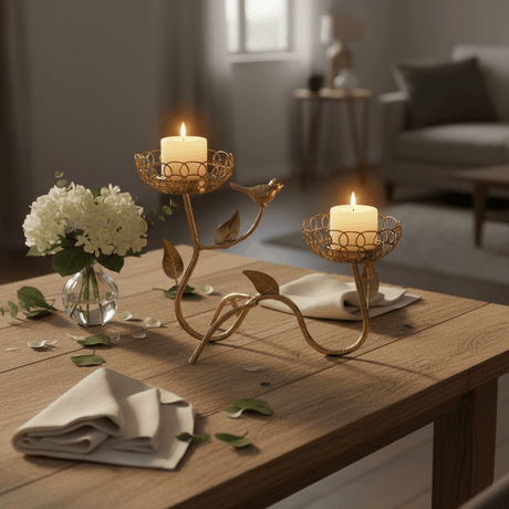 Golden Bird & Vine Double Candle Holder | Luxury Gold Metal Wire Centerpiece | 25×18cm - Al Kabayel Discount CentreGolden Bird & Vine Double Candle Holder | Luxury Gold Metal Wire Centerpiece | 25×18cmHome DécorAKDCAl Kabayel Discount Centre