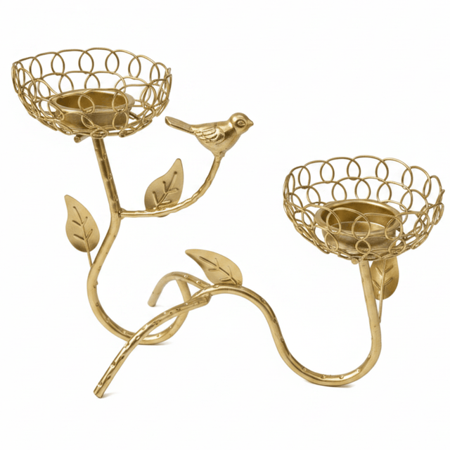 Golden Bird & Vine Double Candle Holder | Luxury Gold Metal Wire Centerpiece | 25×18cm - Al Kabayel Discount CentreGolden Bird & Vine Double Candle Holder | Luxury Gold Metal Wire Centerpiece | 25×18cmHome DécorAKDCAl Kabayel Discount Centre