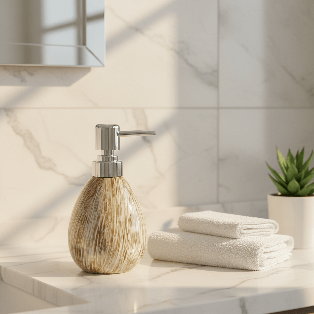Golden Brushstroke Ceramic & Plastic Liquid Soap Dispenser – 400ml - Al Kabayel Discount CentreGolden Brushstroke Ceramic & Plastic Liquid Soap Dispenser – 400mlHolders & DispensersAKDCAl Kabayel Discount Centre
