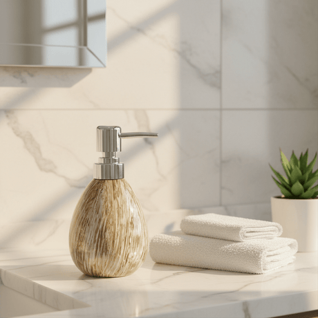 Golden Brushstroke Ceramic & Plastic Liquid Soap Dispenser – 400ml - Al Kabayel Discount CentreGolden Brushstroke Ceramic & Plastic Liquid Soap Dispenser – 400mlHolders & DispensersAKDCAl Kabayel Discount Centre