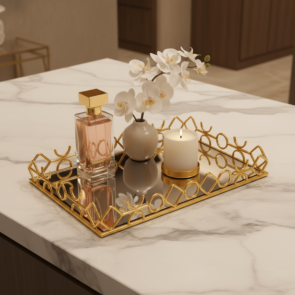 Golden Metal & Glass Mirror Serving Tray Ornate Geometric Lattice Design 44×30cm - Al Kabayel Discount CentreGolden Metal & Glass Mirror Serving Tray Ornate Geometric Lattice Design 44×30cmServing TraysAKDCAl Kabayel Discount Centre