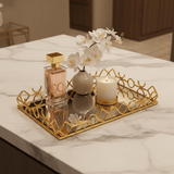 Golden Metal & Glass Mirror Serving Tray Ornate Geometric Lattice Design 44×30cm - Al Kabayel Discount CentreGolden Metal & Glass Mirror Serving Tray Ornate Geometric Lattice Design 44×30cmServing TraysAKDCAl Kabayel Discount Centre