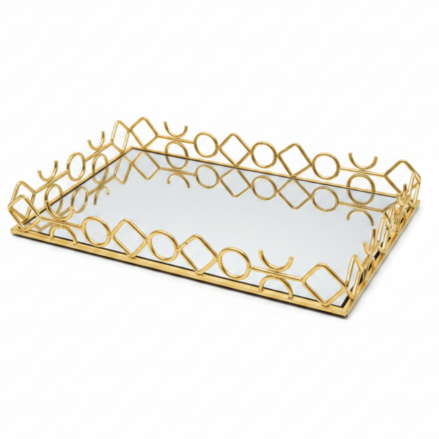 Golden Metal & Glass Mirror Serving Tray Ornate Geometric Lattice Design 44×30cm - Al Kabayel Discount CentreGolden Metal & Glass Mirror Serving Tray Ornate Geometric Lattice Design 44×30cmServing TraysAKDCAl Kabayel Discount Centre