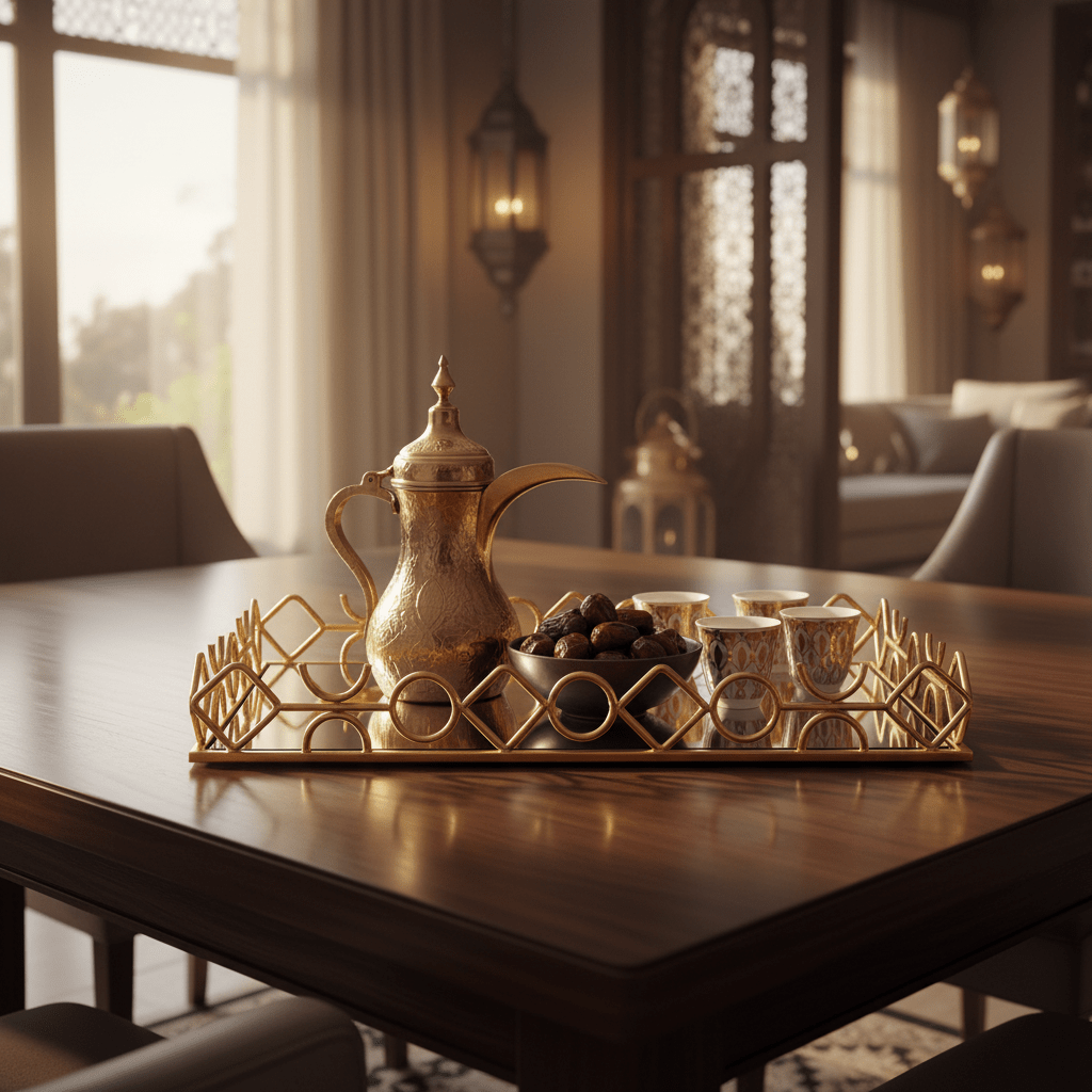 Golden Metal & Glass Mirror Serving Tray Ornate Geometric Lattice Design 44×30cm - Al Kabayel Discount CentreGolden Metal & Glass Mirror Serving Tray Ornate Geometric Lattice Design 44×30cmServing TraysAKDCAl Kabayel Discount Centre