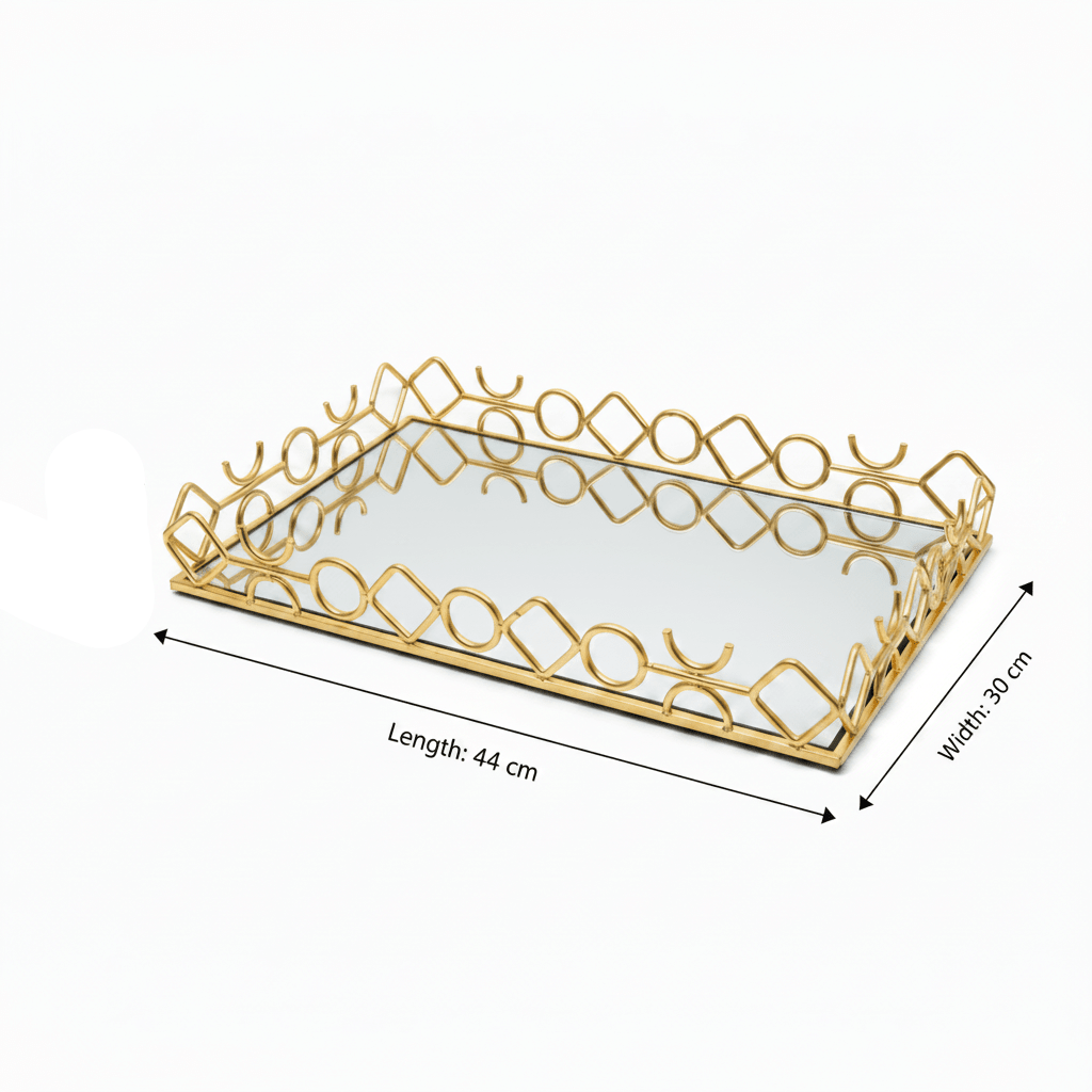 Golden Metal & Glass Mirror Serving Tray Ornate Geometric Lattice Design 44×30cm - Al Kabayel Discount CentreGolden Metal & Glass Mirror Serving Tray Ornate Geometric Lattice Design 44×30cmServing TraysAKDCAl Kabayel Discount Centre