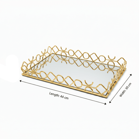 Golden Metal & Glass Mirror Serving Tray Ornate Geometric Lattice Design 44×30cm - Al Kabayel Discount CentreGolden Metal & Glass Mirror Serving Tray Ornate Geometric Lattice Design 44×30cmServing TraysAKDCAl Kabayel Discount Centre