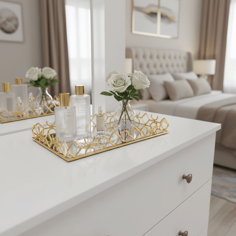 Golden Metal & Glass Mirror Serving Tray Ornate Geometric Lattice Design 44×30cm - Al Kabayel Discount CentreGolden Metal & Glass Mirror Serving Tray Ornate Geometric Lattice Design 44×30cmServing TraysAKDCAl Kabayel Discount Centre
