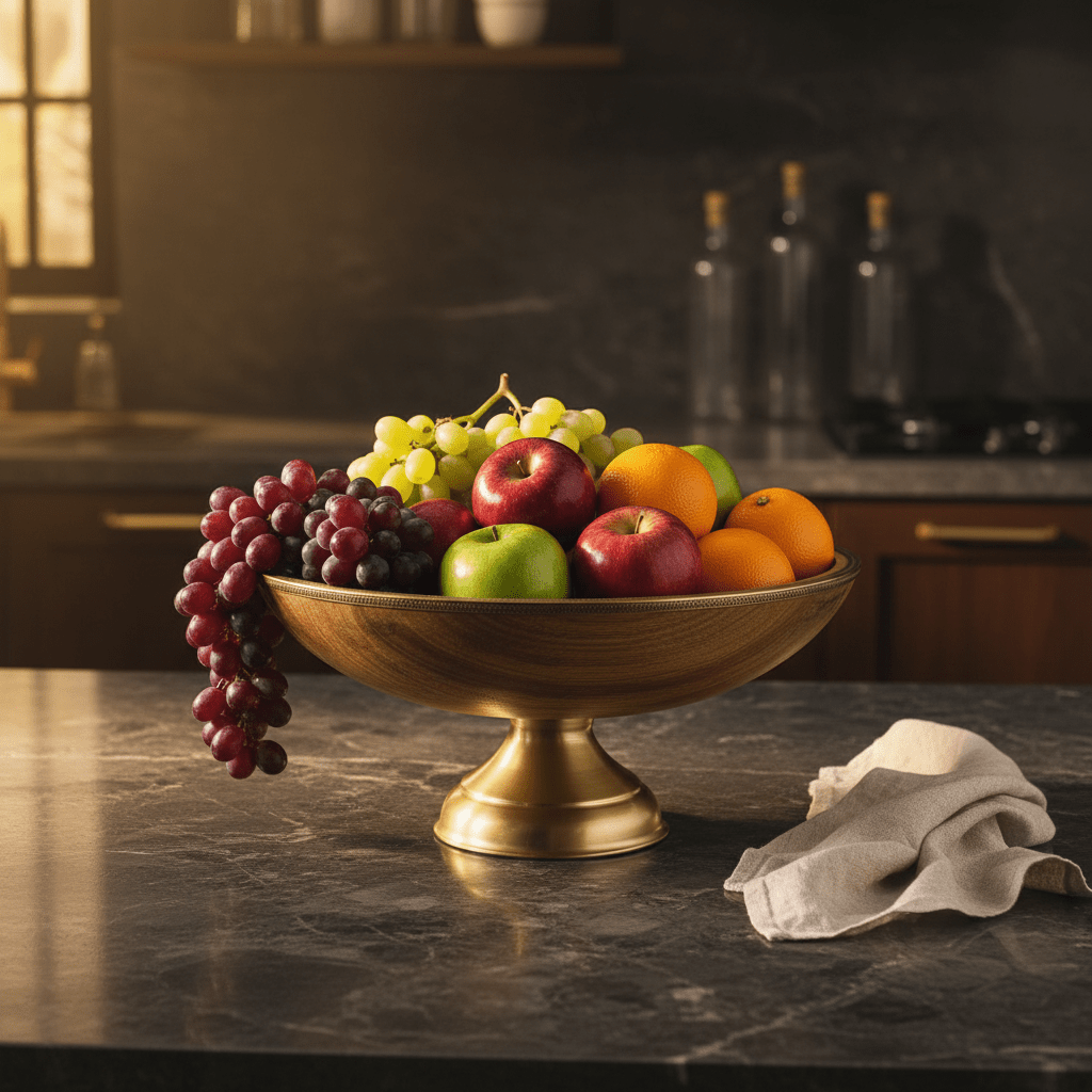 Goldkish Footed Round Wooden Fruit Bowl with Decorative Metal Rim, Stylish Kitchen Centerpiece 35cm - Al Kabayel Discount CentreGoldkish Footed Round Wooden Fruit Bowl with Decorative Metal Rim, Stylish Kitchen Centerpiece 35cmBowlsGOLDKISHAl Kabayel Discount Centre