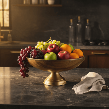 Goldkish Footed Round Wooden Fruit Bowl with Decorative Metal Rim, Stylish Kitchen Centerpiece 35cm - Al Kabayel Discount CentreGoldkish Footed Round Wooden Fruit Bowl with Decorative Metal Rim, Stylish Kitchen Centerpiece 35cmBowlsGOLDKISHAl Kabayel Discount Centre