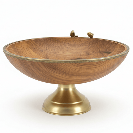 Goldkish Footed Round Wooden Fruit Bowl with Decorative Metal Rim, Stylish Kitchen Centerpiece 35cm - Al Kabayel Discount CentreGoldkish Footed Round Wooden Fruit Bowl with Decorative Metal Rim, Stylish Kitchen Centerpiece 35cmBowlsGOLDKISHAl Kabayel Discount Centre