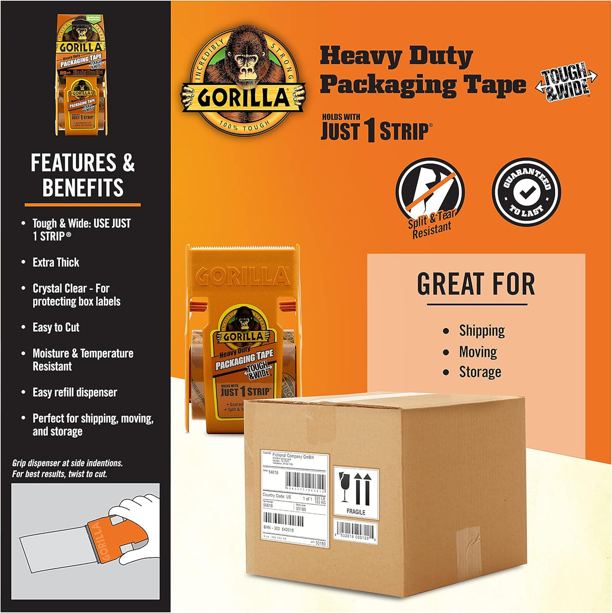 Gorilla Clear Packing Tape (2.83" x 20yd) with Dispenser – Heavy - Duty Moving Tape - Al Kabayel Discount CentreGorilla Clear Packing Tape (2.83" x 20yd) with Dispenser – Heavy - Duty Moving TapeTapes & Packaging TapesGORILLAAl Kabayel Discount Centre