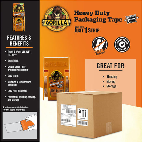 Gorilla Clear Packing Tape (2.83" x 20yd) with Dispenser – Heavy - Duty Moving Tape - Al Kabayel Discount CentreGorilla Clear Packing Tape (2.83" x 20yd) with Dispenser – Heavy - Duty Moving TapeTapes & Packaging TapesGORILLAAl Kabayel Discount Centre