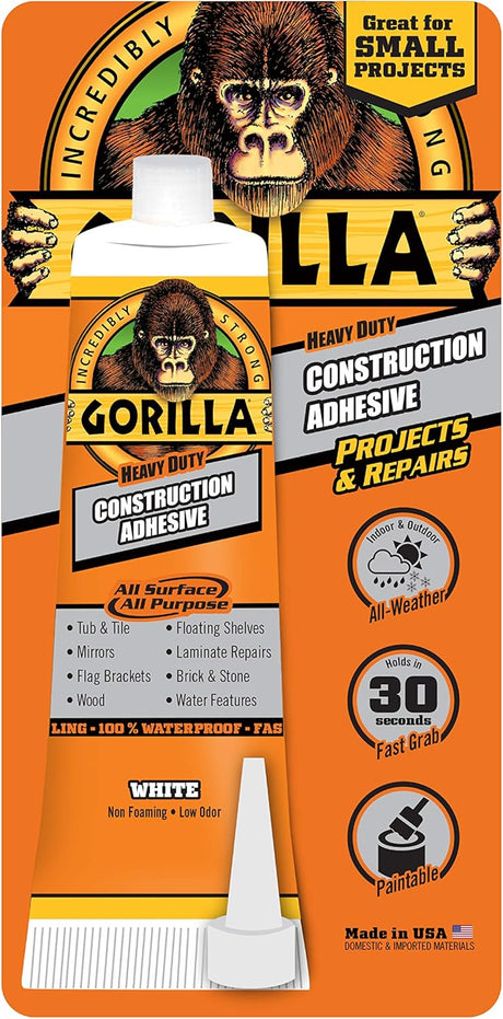 Gorilla Heavy Duty Construction Adhesive, 2.5 ounce Squeeze Tube, White - Al Kabayel Discount CentreGorilla Heavy Duty Construction Adhesive, 2.5 ounce Squeeze Tube, WhiteGlueGORILLAAl Kabayel Discount Centre