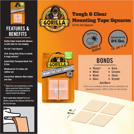 Gorilla Ultra - Strong Clear Mounting Tape Squares – 24 Pre - Cut Adhesive Tabs - Al Kabayel Discount CentreGorilla Ultra - Strong Clear Mounting Tape Squares – 24 Pre - Cut Adhesive TabsTapes & Packaging TapesGORILLAAl Kabayel Discount Centre