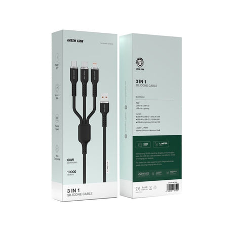GREEN LION 3in1 Silicone Cable USB - A To USB - C×2 and Lightning 1.2meter Cable - Black - Al Kabayel Discount CentreGREEN LION 3in1 Silicone Cable USB - A To USB - C×2 and Lightning 1.2meter Cable - BlackCords & AdaptersGREEN LIONAl Kabayel Discount Centre