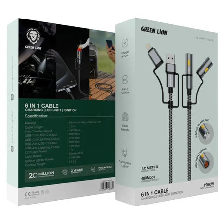 Green Lion 6 in 1 Cable Charging, Led Light, Ignition, 1.2m Woven Cable, 480Mbps Transfer Speed, PD60W Fast Charging - Gray - Al Kabayel Discount CentreGreen Lion 6 in 1 Cable Charging, Led Light, Ignition, 1.2m Woven Cable, 480Mbps Transfer Speed, PD60W Fast Charging - GrayCords & AdaptersGREEN LIONAl Kabayel Discount Centre