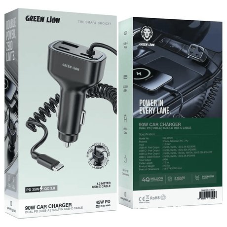 Green Lion 90W Car Charger with Dual PD Charger and Built - in USB - C and USB - A Cables – Gray - Al Kabayel Discount CentreGreen Lion 90W Car Charger with Dual PD Charger and Built - in USB - C and USB - A Cables – GrayCords & AdaptersGREEN LIONAl Kabayel Discount Centre