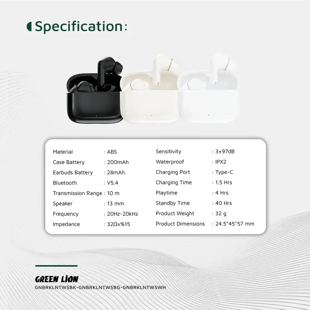 Green Lion Brooklyn True Wireless Earbuds with Voice Assistant, 4 Hours Playtime, Built - in Microphone, HiFi Sound, Touch Control, Dual - Mic - Black - Al Kabayel Discount CentreGreen Lion Brooklyn True Wireless Earbuds with Voice Assistant, 4 Hours Playtime, Built - in Microphone, HiFi Sound, Touch Control, Dual - Mic - BlackElectronic AppliancesGREEN LIONAl Kabayel Discount Centre