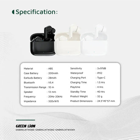 Green Lion Brooklyn True Wireless Earbuds with Voice Assistant, 4 Hours Playtime, Built - in Microphone, HiFi Sound, Touch Control, Dual - Mic - Black - Al Kabayel Discount CentreGreen Lion Brooklyn True Wireless Earbuds with Voice Assistant, 4 Hours Playtime, Built - in Microphone, HiFi Sound, Touch Control, Dual - Mic - BlackElectronic AppliancesGREEN LIONAl Kabayel Discount Centre