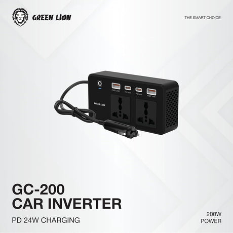 Green Lion Car Power Inverter 200W, 2×AC Universal Sockets, 2×USB - A & 2×USB - C Ports, PD 24W, QC 3.0 Charging, Durable Flame Retardant Material, Fast Charge Car Charger for Laptop, iPhone, Tablet - Al Kabayel Discount CentreGreen Lion Car Power Inverter 200W, 2×AC Universal Sockets, 2×USB - A & 2×USB - C Ports, PD 24W, QC 3.0 Charging, Durable Flame Retardant Material, Fast Charge Car Charger for Laptop, iPhone, TabletCords & AdaptersGREEN LIONAl Kabayel Discount Centre