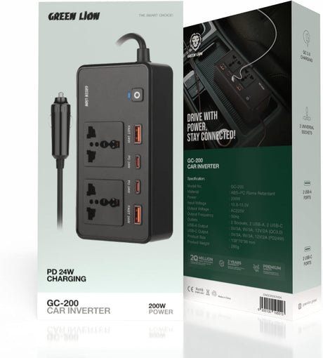 Green Lion Car Power Inverter 200W, 2×AC Universal Sockets, 2×USB - A & 2×USB - C Ports, PD 24W, QC 3.0 Charging, Durable Flame Retardant Material, Fast Charge Car Charger for Laptop, iPhone, Tablet - Al Kabayel Discount CentreGreen Lion Car Power Inverter 200W, 2×AC Universal Sockets, 2×USB - A & 2×USB - C Ports, PD 24W, QC 3.0 Charging, Durable Flame Retardant Material, Fast Charge Car Charger for Laptop, iPhone, TabletCords & AdaptersGREEN LIONAl Kabayel Discount Centre